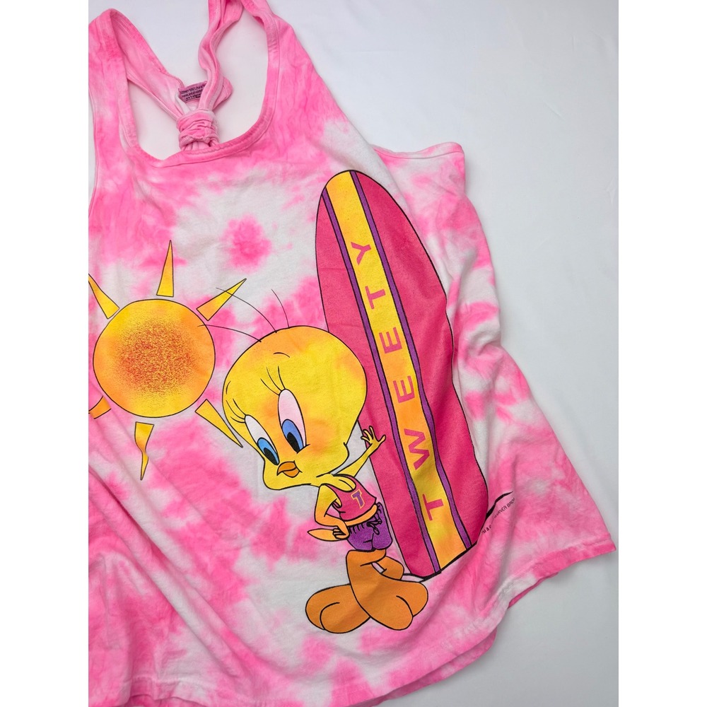 Vintage 1997 Warner Bros Tweety Bird Tie Dye Beach Cover Up Mini Dress Pink OS